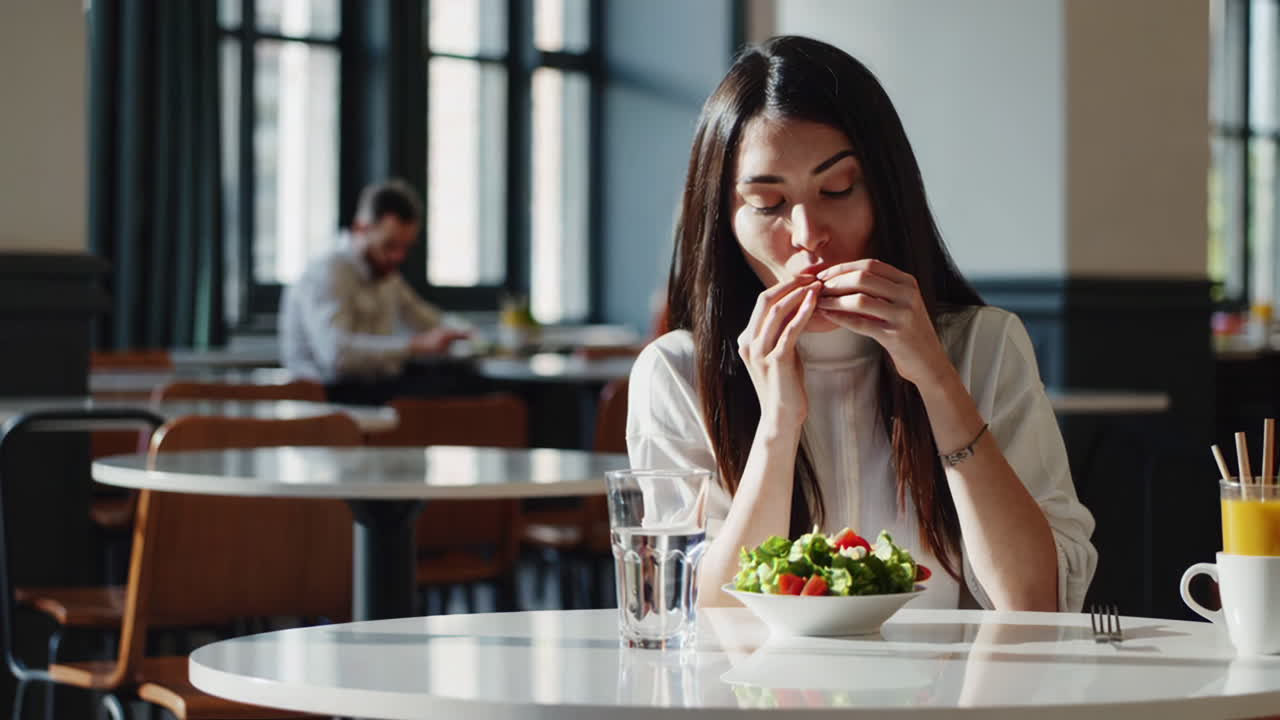 mujer comiendo ensalada en un café