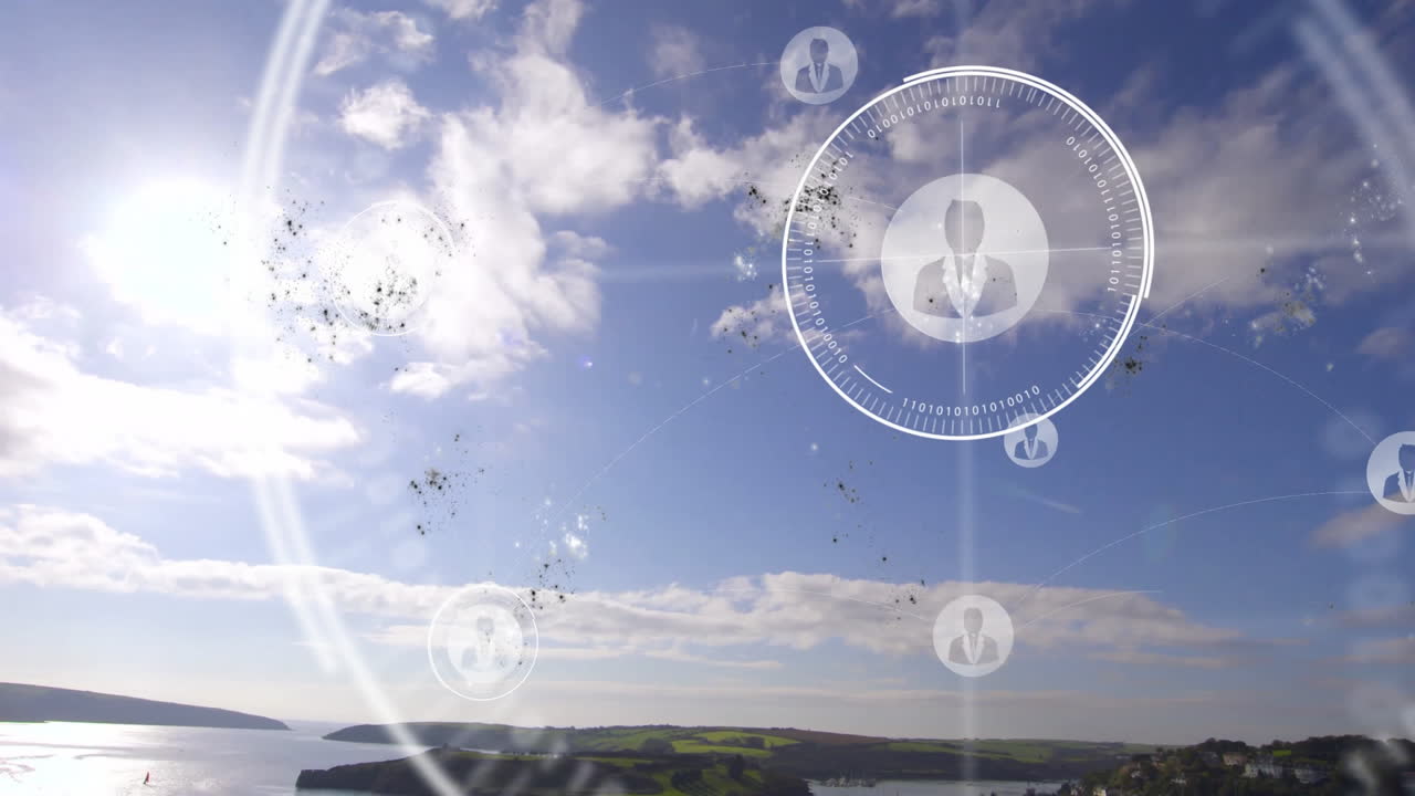 Animation of digital network icons overlaying scenic landscape with clouds and water