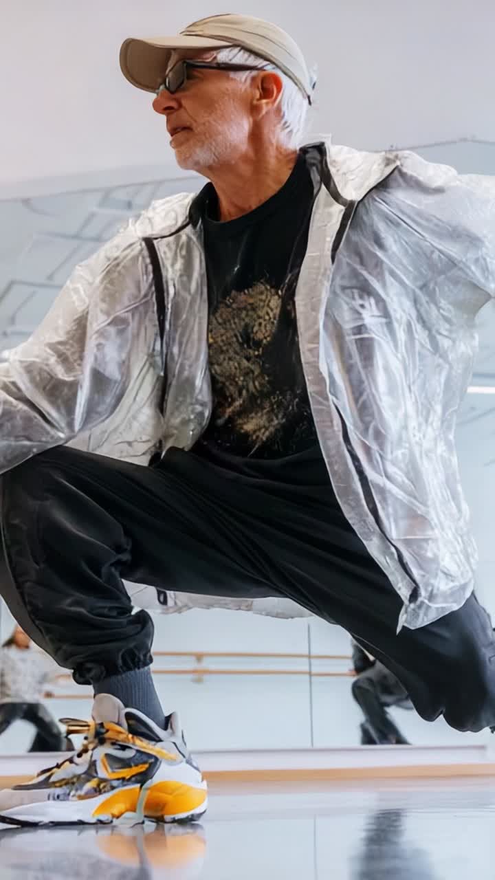 Elderly Dancer Displays Agility and Style in Modern Urban Dance Studio, Capturing the Passion for Movement and Expression Through Dance and Performance Art