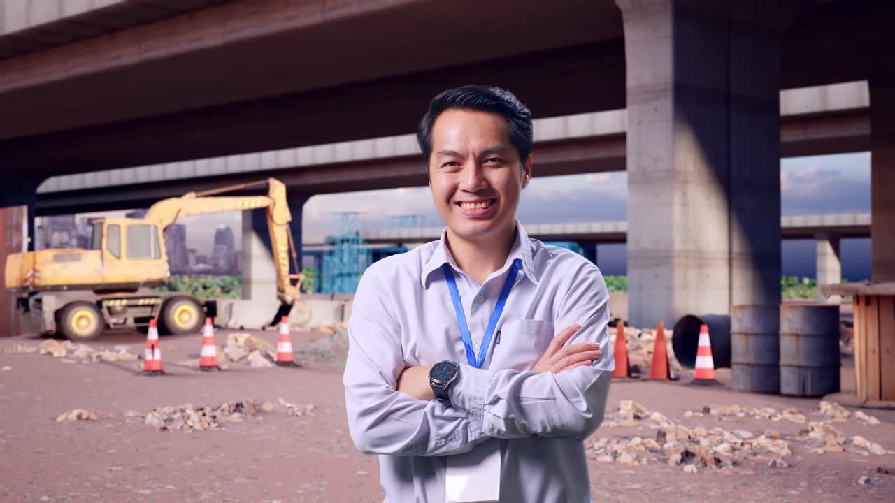 Potret Seorang Pekerja Profesional Pria Asia yang Berdiri di Lokasi Konstruksi Jalan Raya, dengan Senyum Lebarnya ke Kamera dan Tangan yang Disilangkan di Dada