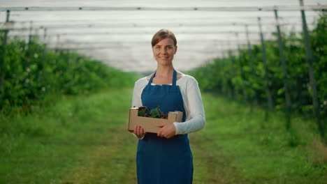 caucasian young woman holding berry box at fruit tree green house. farm concept.