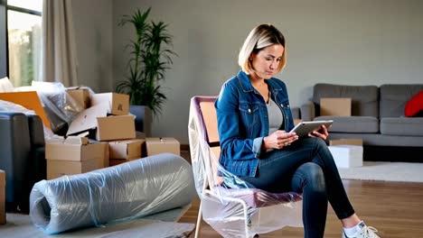 a woman is sitting in a chair in a room with boxes and a potted plant