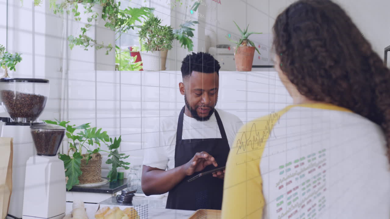 Animation of graphs and trading boards over diverse male barista taking order from woman at cafes