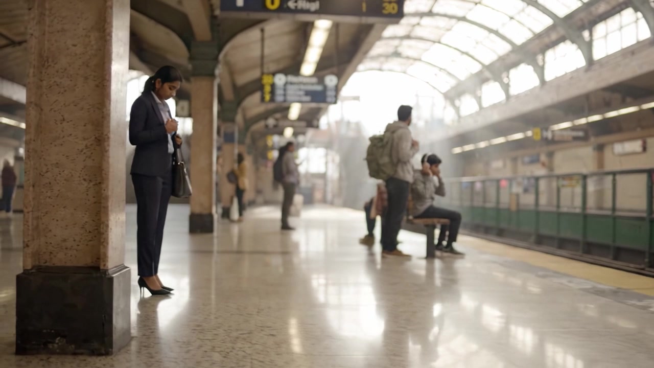 Una scena accattivante di pendolari in una stazione ferroviaria con luce soffusa che filtra dal tetto, catturando l'essenza della vita urbana quotidiana e dell'attesa.