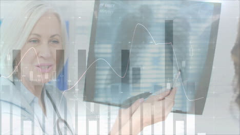 analyzing financial data animation over smiling doctor using digital tablet