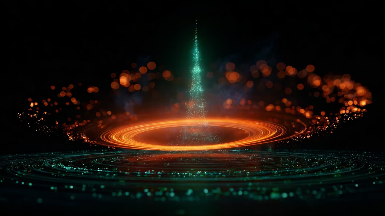 A mesmerizing visual of a cosmic spiral featuring vibrant orange and teal colors, emanating from a luminous tower at the center, creating a captivating display of light and energy in a dark void