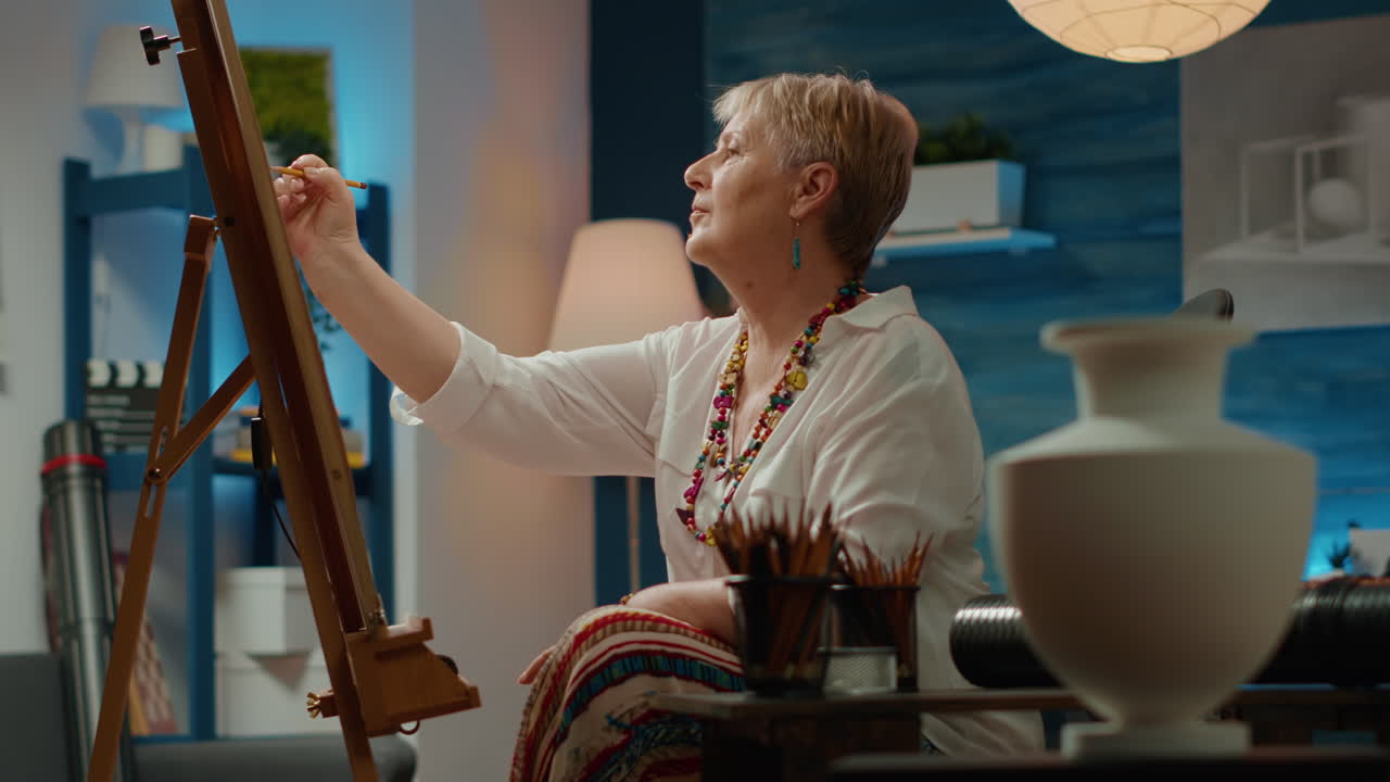 Retired adult drawing vase inspiration sketch on canvas