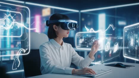 exploring virtual realities: a young individual engaged in immersive digital interactions through advanced virtual reality technology in a high-tech environment