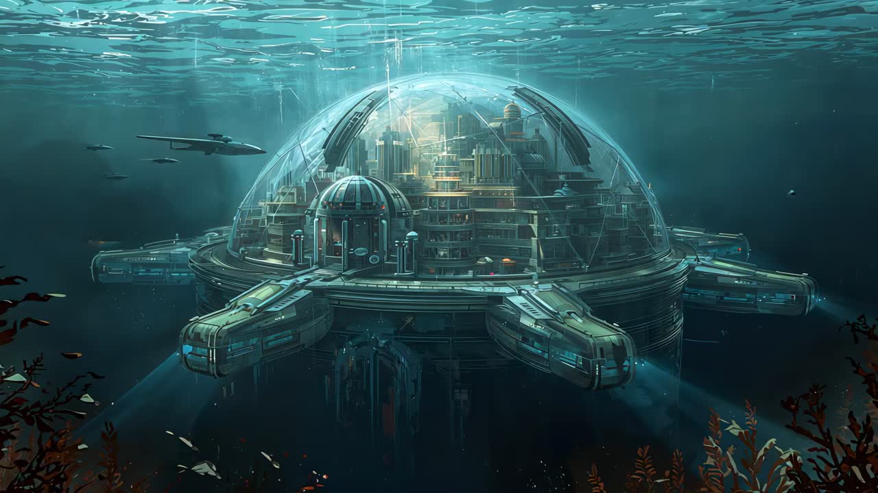 Camera beginning zoom approaching glass dome city underwater, revealing docking arms, submersible