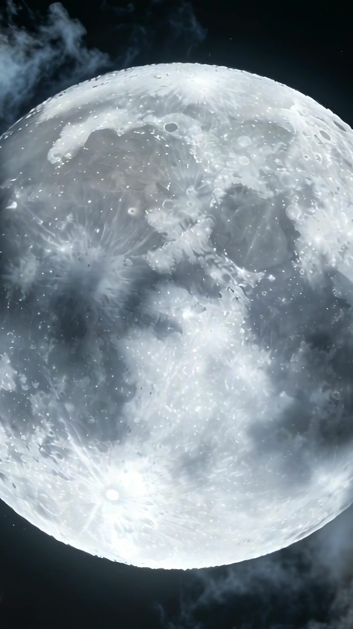 Vertical video: Shining full moon filling frame in night sky, thin clouds drifting across face