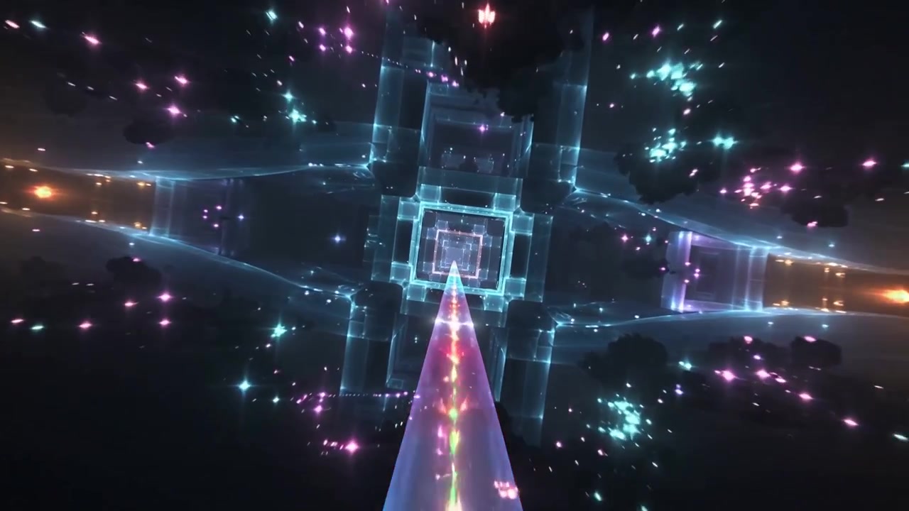 Camera moving forward starting tri beam traveling through space void toward nested square frames