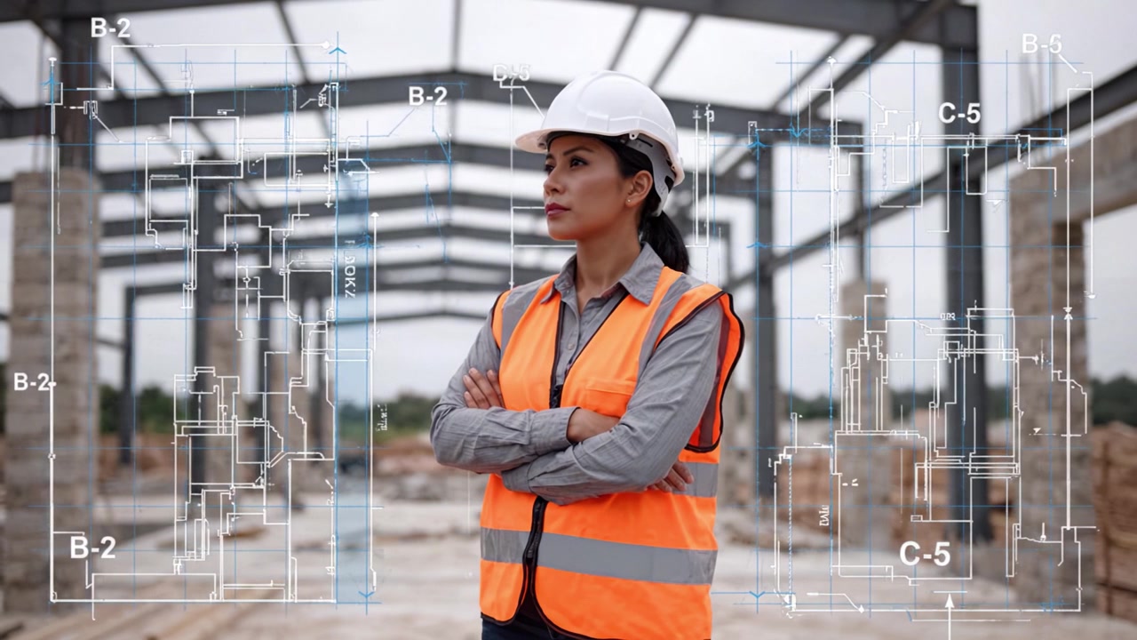 Byggeprofessionel overvåger projektfremdrift med byggeplaner og stålkonstruktion i baggrunden, hvilket illustrerer industriens vækst- og udviklingstendenser.