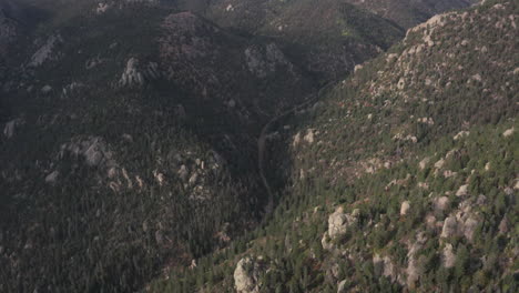 Aerial-slow-pan-up-revealing-mountains,-Pikes-Peak-in-background