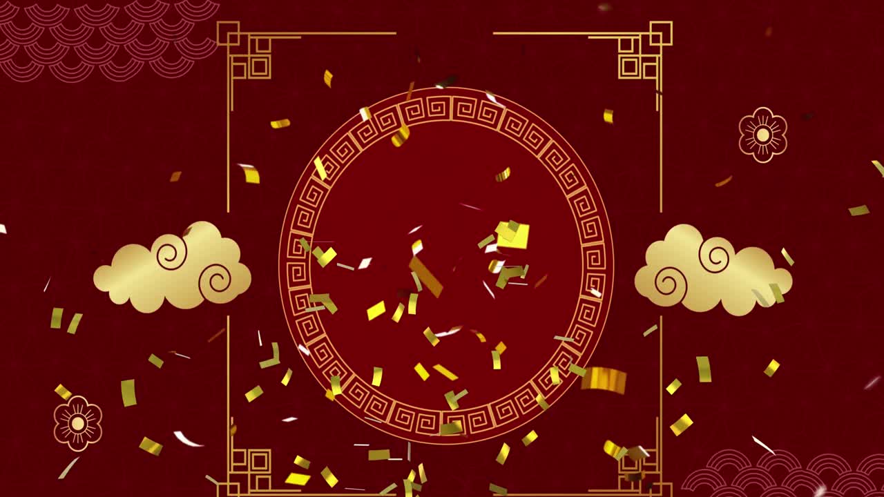 animación de decoraciones tradicionales chinas y confeti sobre fondo rojo