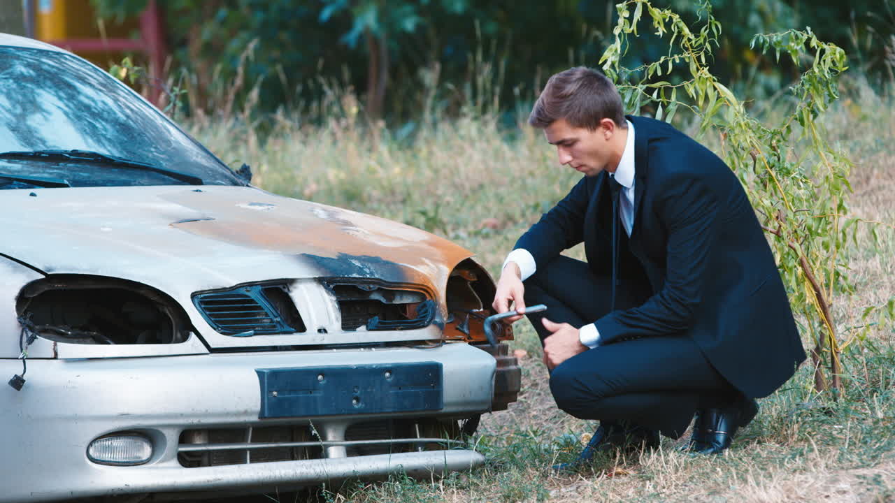 양복 입은 남자가 사고 후 차를 검사 1