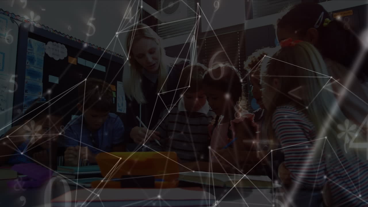 Animation of networks of connections and numbers over diverse schoolchildren and teacher