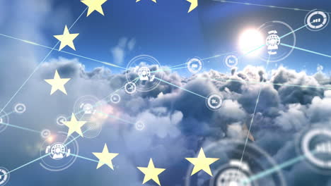 animation of network of connections with icons over flag of eu and clouds