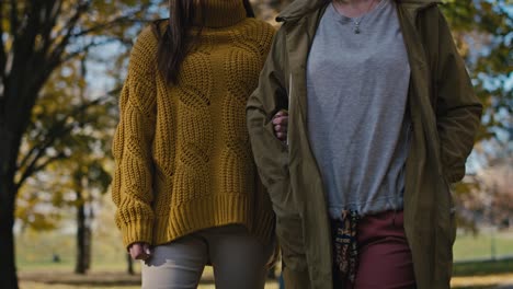 caucasian women walking together in park in autumn