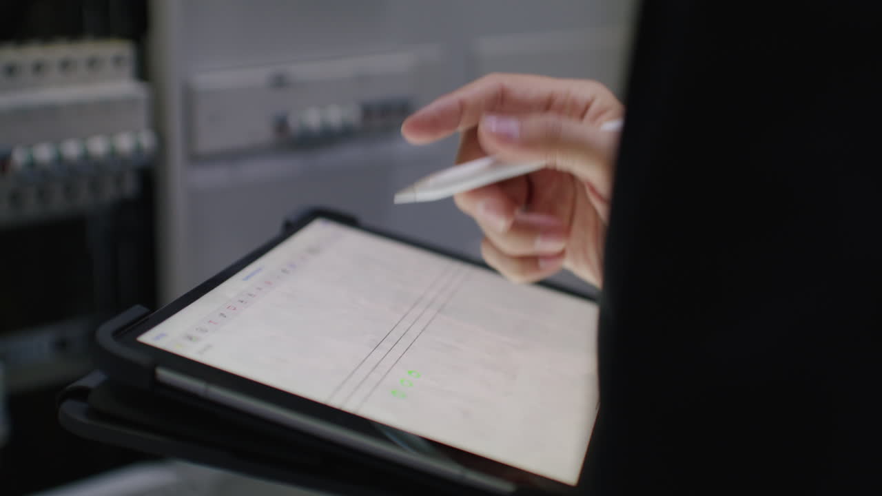 joven usando un lápiz digital en una tableta, la cámara se mueve a la izquierda revelando el paisaje