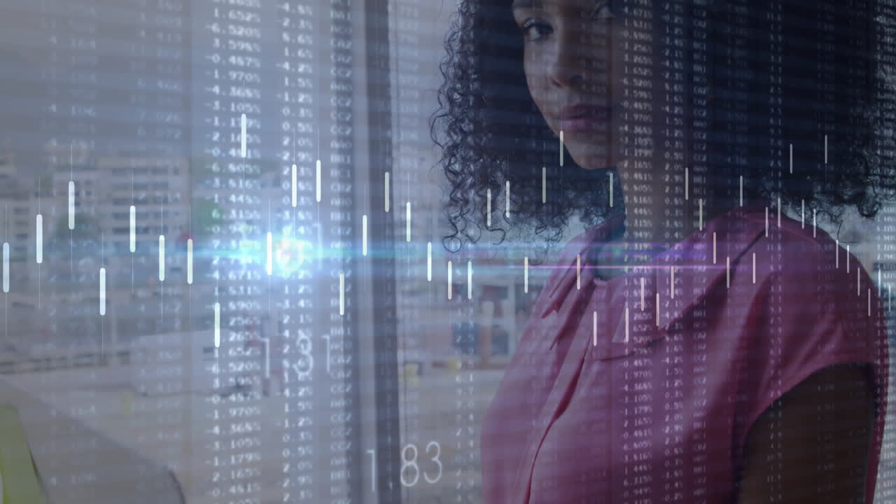 Observing financial data and stock charts, businesswoman in office using animation