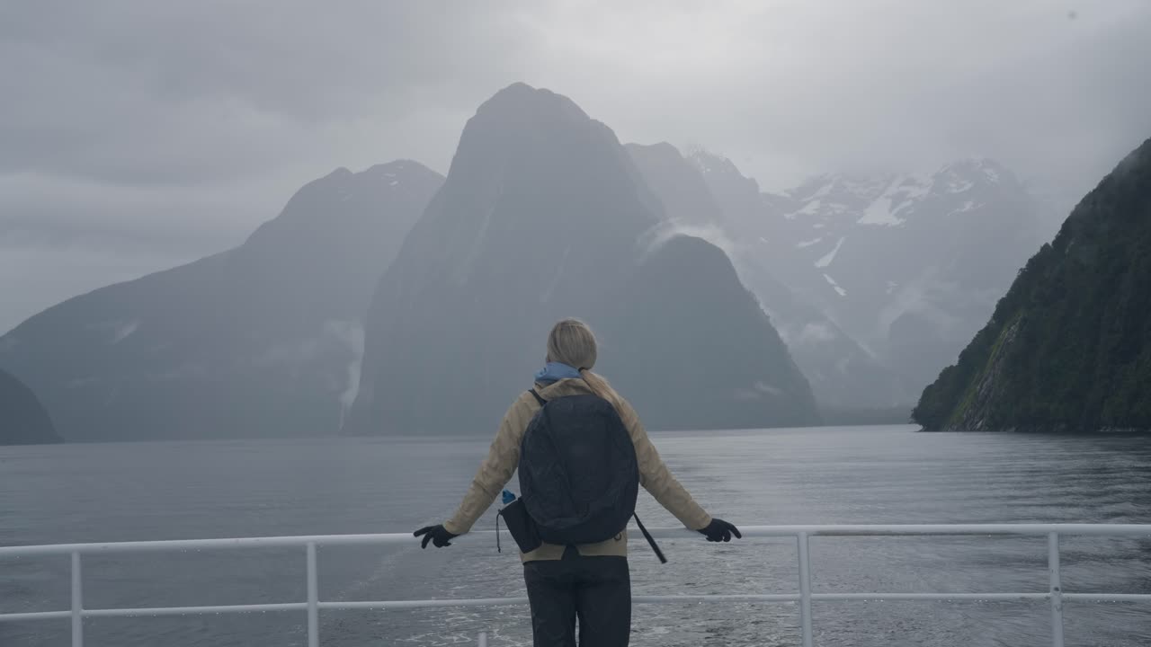 밀포드 사운드 를 방문 하는 여자, 뉴질랜드 의 관광 크루즈 선박 의 뒷편 에 서 있다