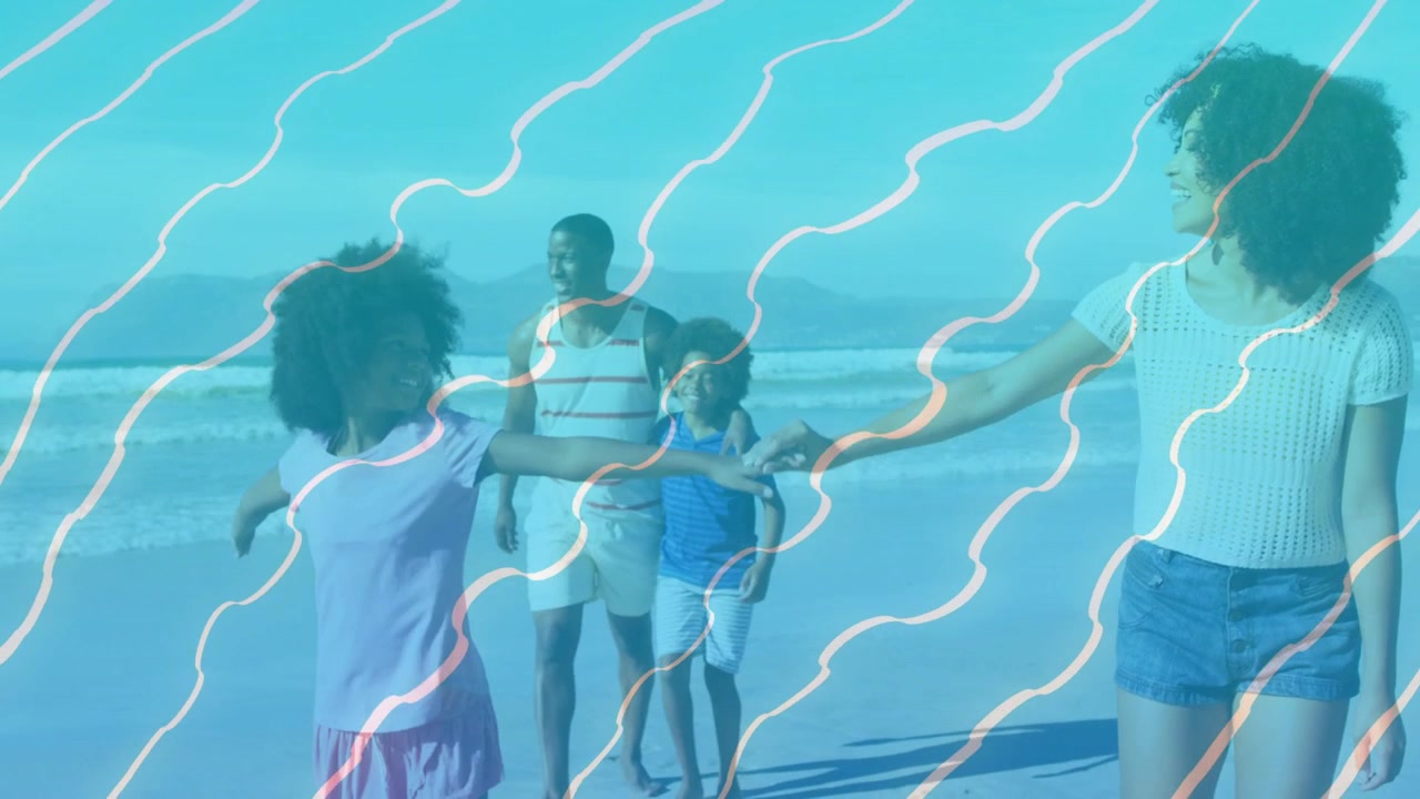 Family walking along shore, girl running leading woman holding hand for bonding with wavy overlay