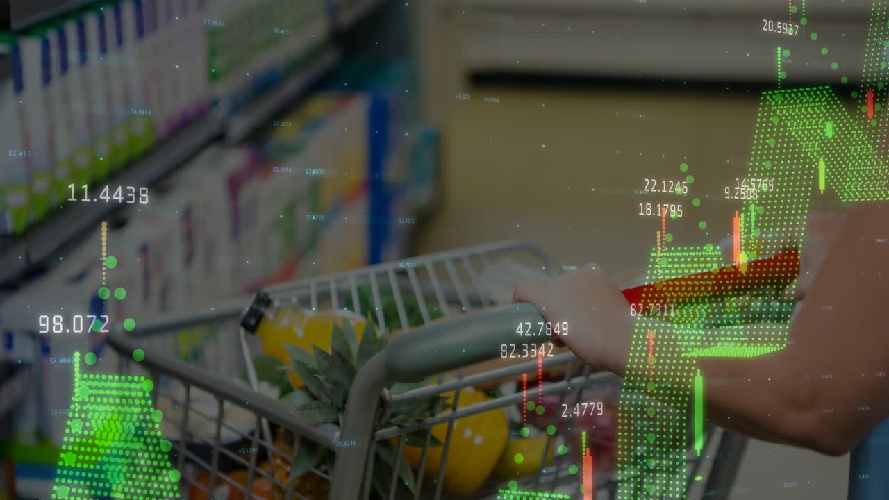 Woman pushing cart with pineapple in aisle tapping red phone making finance chart grow over cart