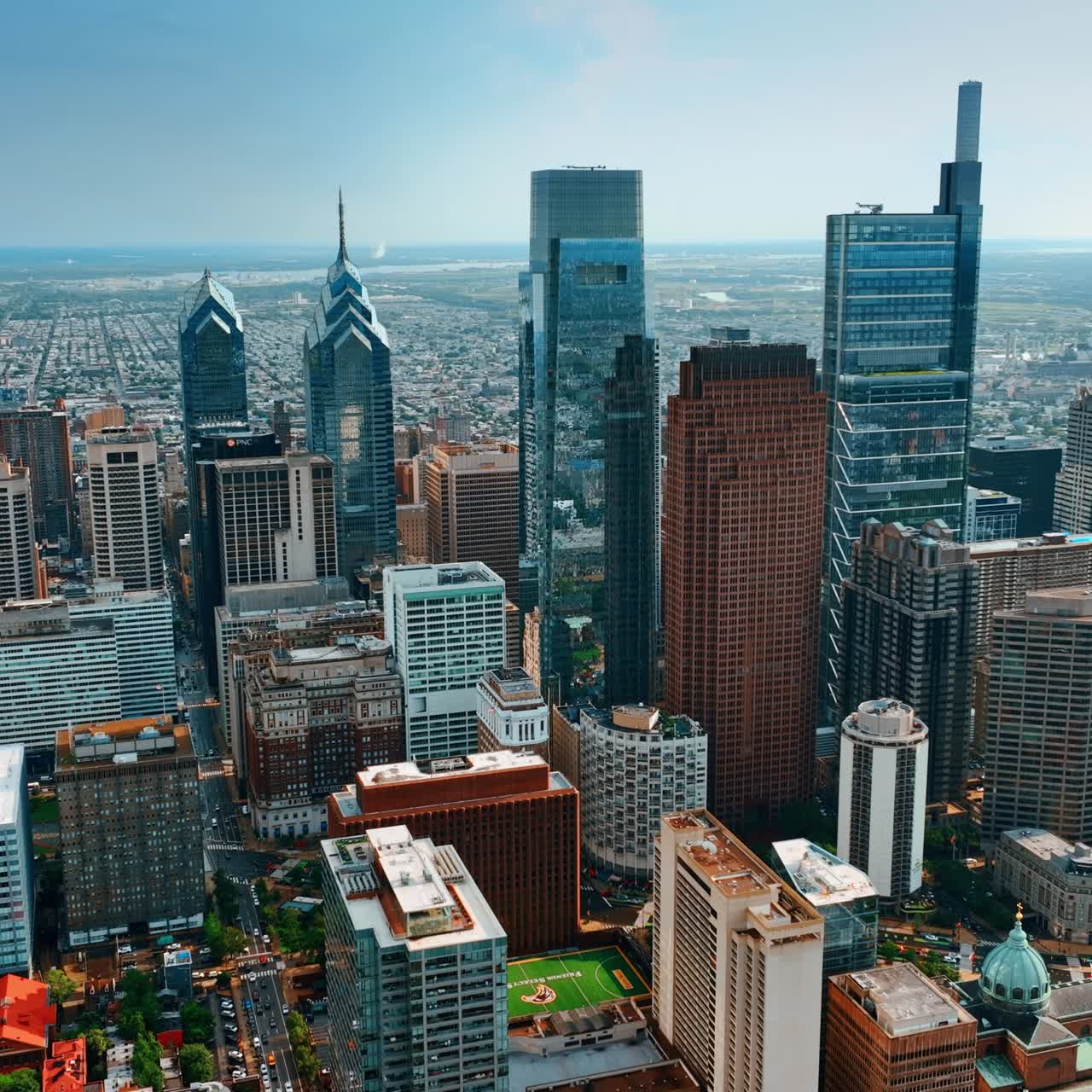 Beautiful skyscraper complex of Philadelphia. Daytime view of the city from drone footage