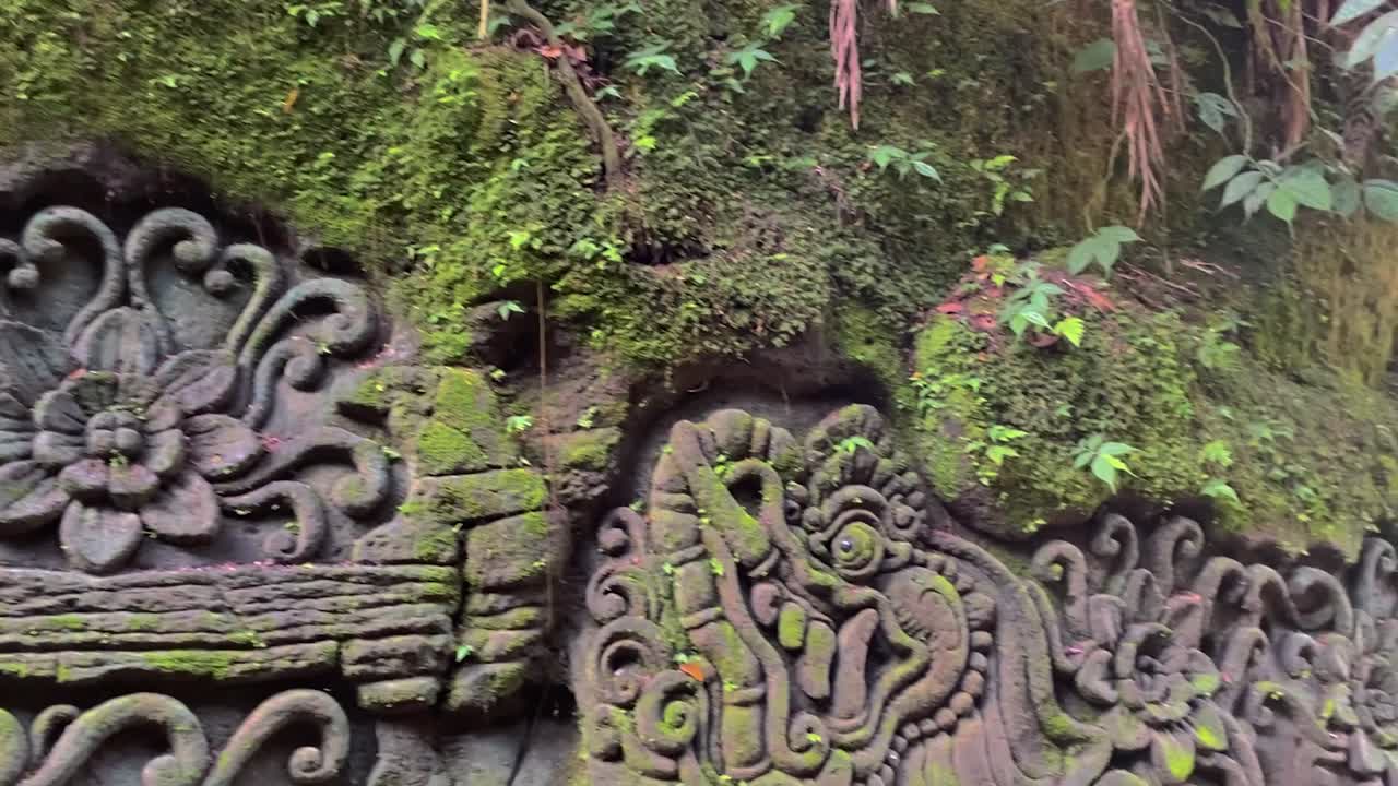 Parete intagliata ornata con dettagli intricati, design tradizionale balinese, immersa in un ambiente lussureggiante, panoramica su motivi floreali.