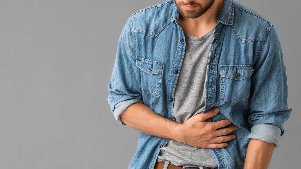 Un Giovane che si Tiene lo Stomaco per il Malessere, Mostrando un'Espressione di Lieve Dolore o Sofferenza, Vestito Casualmente con una Camicia di Jeans su uno Sfondo Neutro.