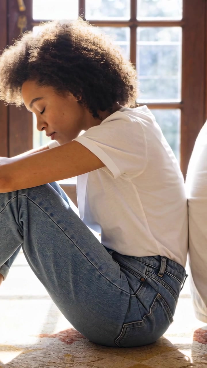 Vertical video: Sinking head woman home in white tee jeans closing eyes leaning sofa by sunlit door