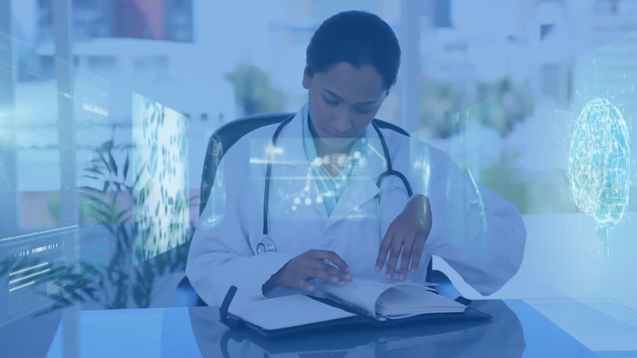 Doctor reviewing notes with digital data animation overlay in office