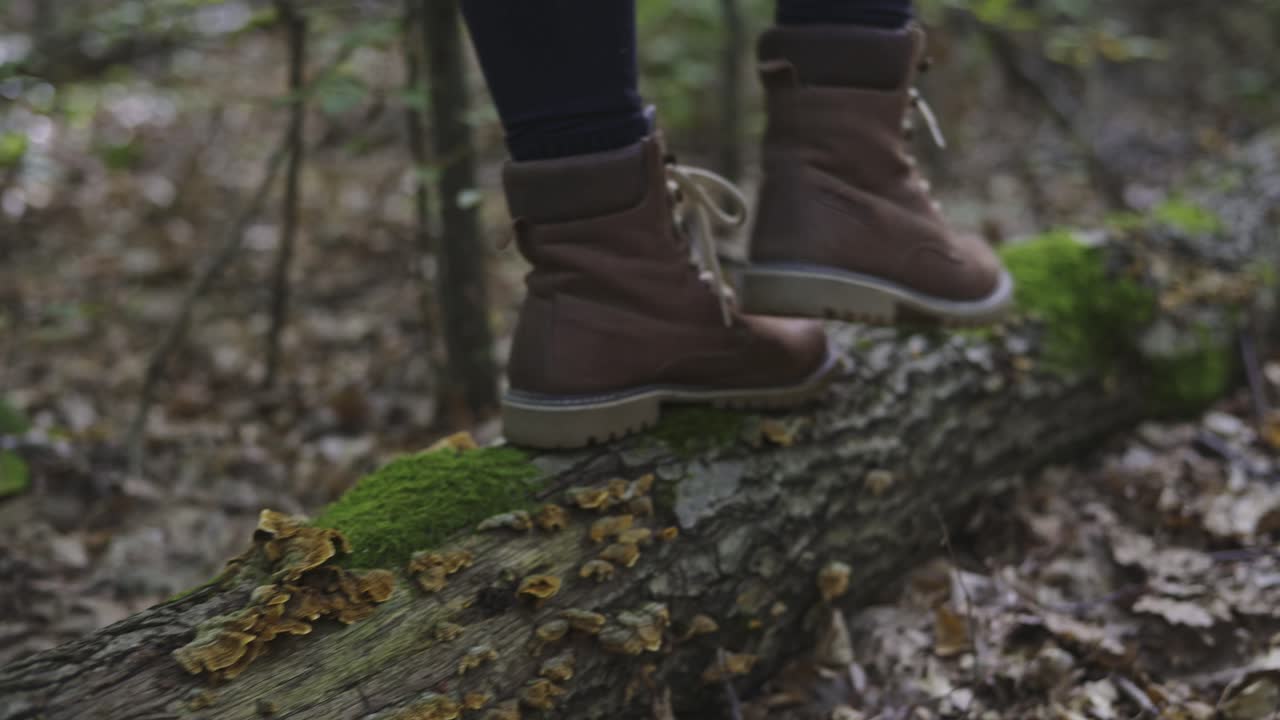 Närbild av en person som bär bruna vandringskängor och går längs ett mossbelupet fallet träd i skogen. Videon fångar känslan av äventyr och kontakt med naturen under en höstvandring.