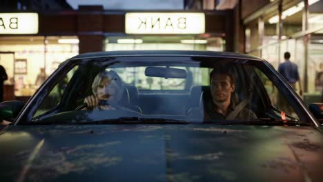 an intense moment inside a car as two characters navigate tension before a significant event outside a bank at dusk