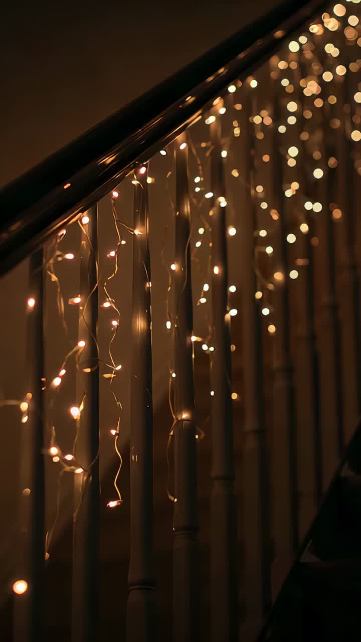 Vertical video: Panning camera revealing warm string lights along dark rail at home, showing bokeh