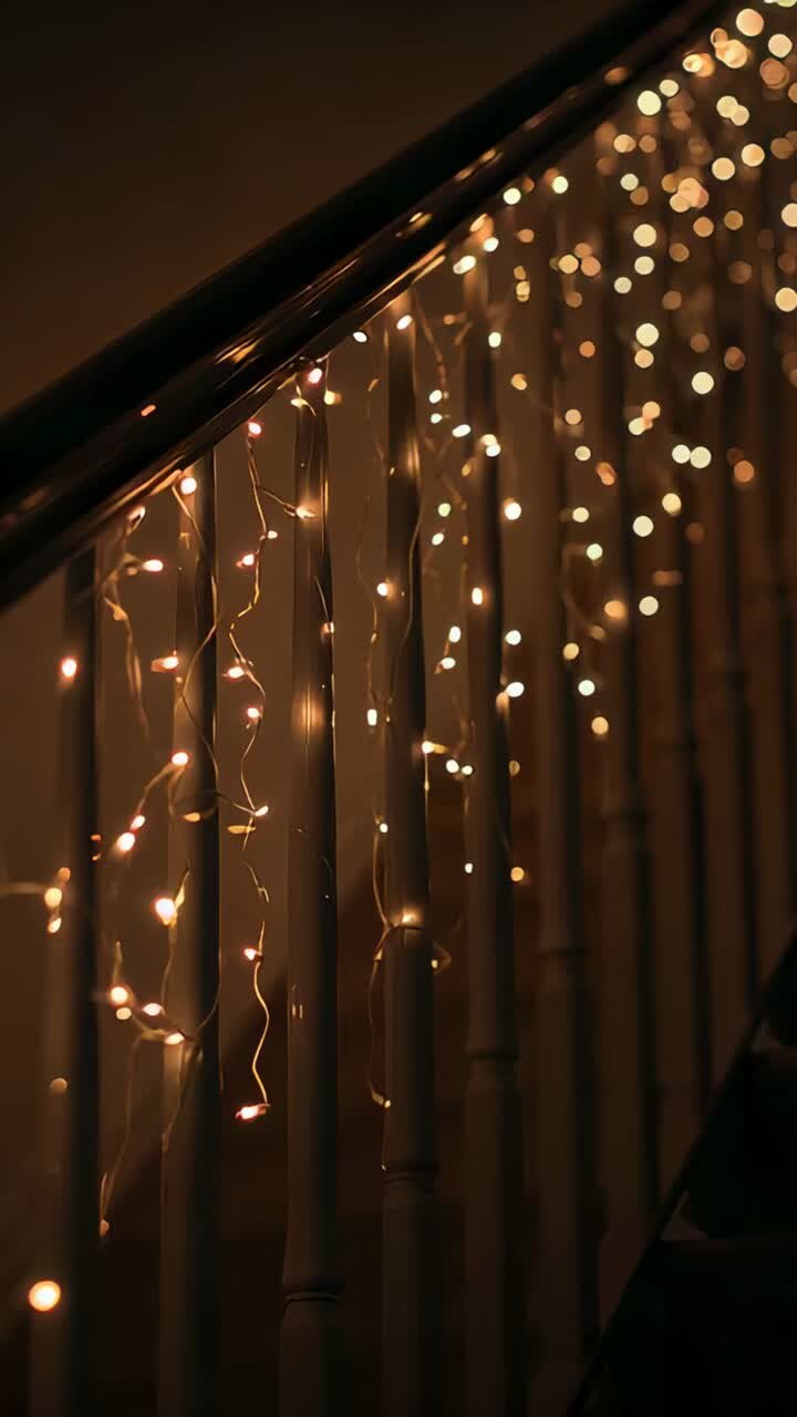 Vertical video: Panning camera revealing warm string lights along dark rail at home, showing bokeh