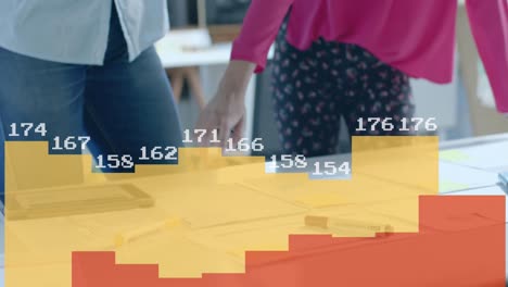 animation of data processing and diagrams over diverse colleagues with blueprints in office