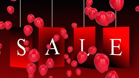 sale graphic on red tags with balloons on dark background