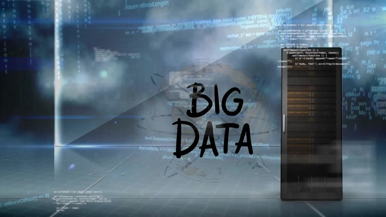 Animation af big data-tekst med sky og databehandling over en computerserver.