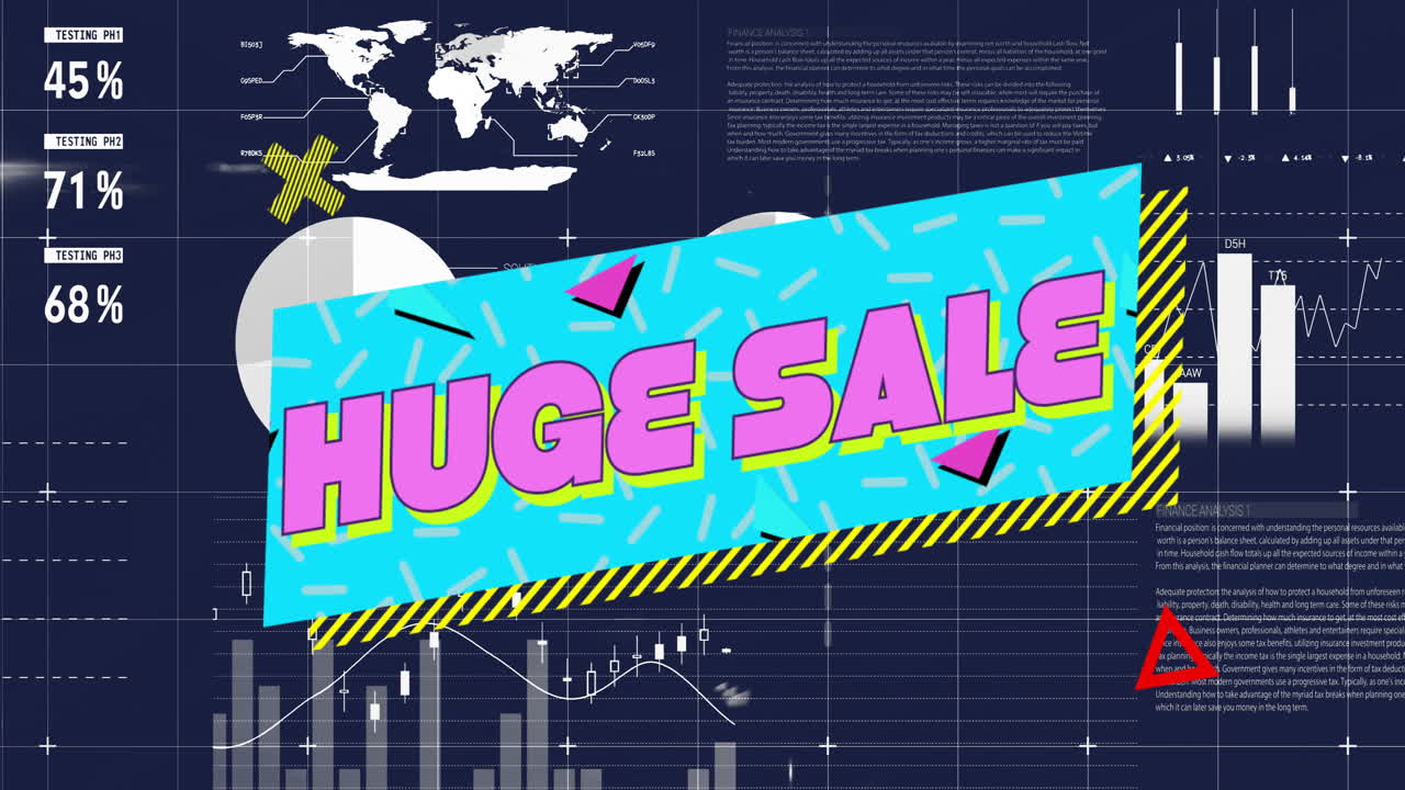 Huge sale text animation over financial graphs and world map background