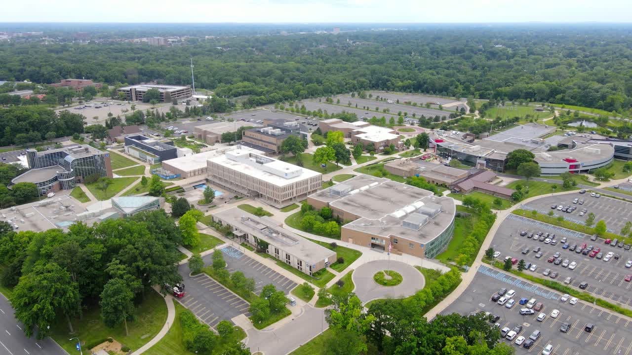 Henry Ford College grounds from above with Technology Building and Eshleman Library