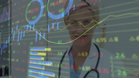 animación del procesamiento de datos financieros sobre una doctora caucásica
