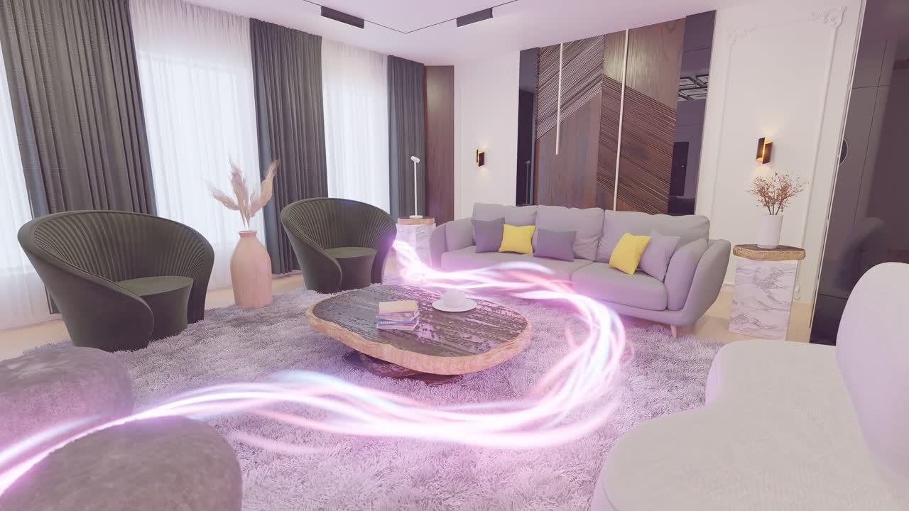 밝은 에너지 흐름으로 미니멀한 현대적인 거실 개념