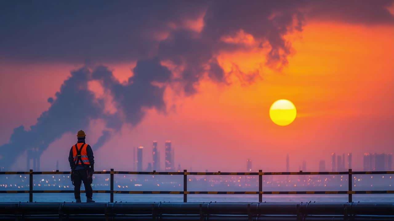 A solitary figure in safety gear gazes towards a vibrant sunset, contrasting the industrial skyline and smoke billowing into the sky, highlighting themes of nature and industry