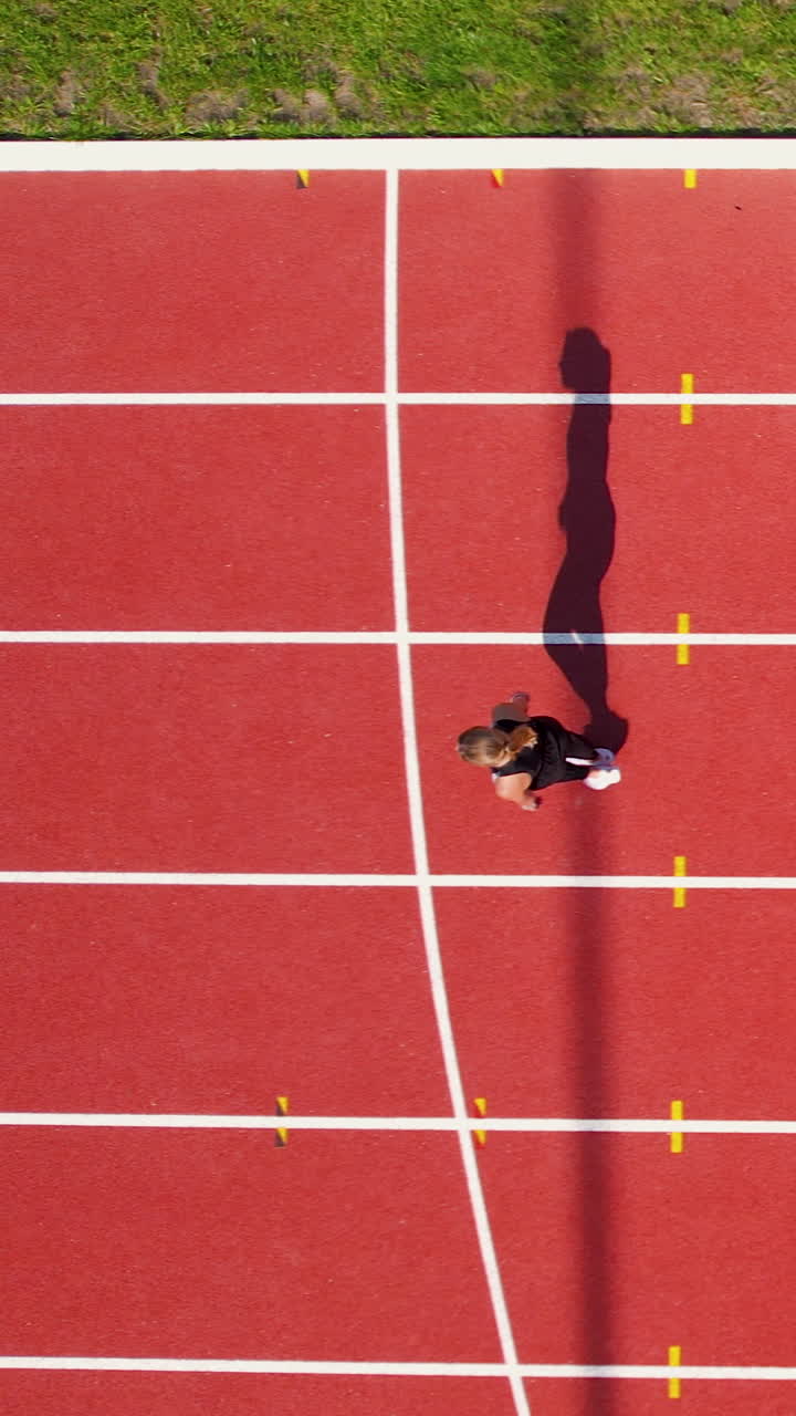 Una ripresa aerea verticale di un'atleta che scatta su una pista rossa di atletica leggera in uno stadio. Perfetto per contenuti di fitness, sport e motivazionali