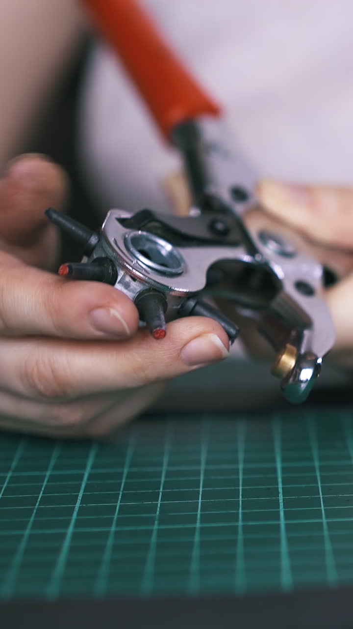 CU: Skilled designer rotates silver hole punch pliers and takes black leather cloth in workshop extreme close view