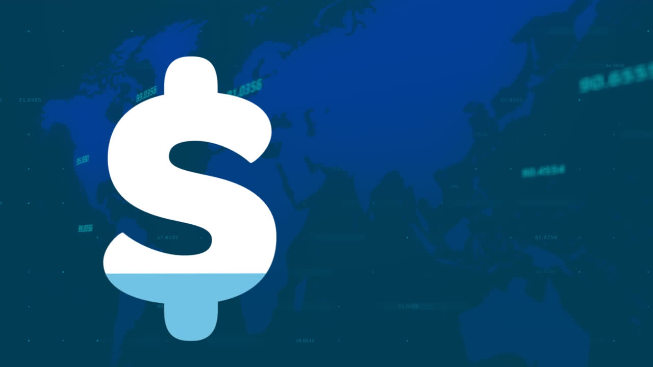 animación del signo de dólar que se llena con azul y procesamiento de datos financieros