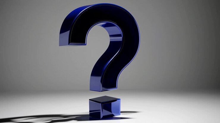 A 3D-rendered blue question mark stands on a reflective surface