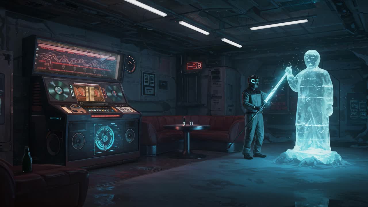 A futuristic scene depicts a figure in a high-tech environment, wielding a glowing sword beside a translucent ice-like statue, combining elements of science fiction and advanced technology