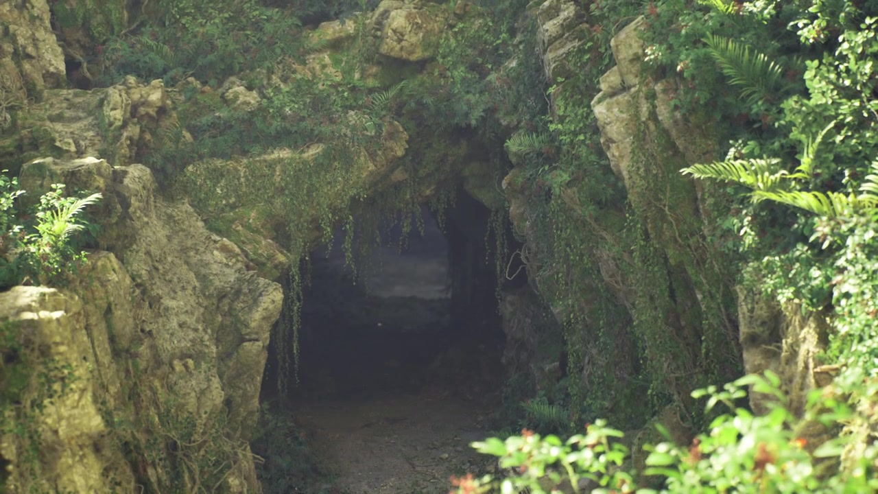 Hidden cave entrance mosscovered pathway leads into shadowed passageway